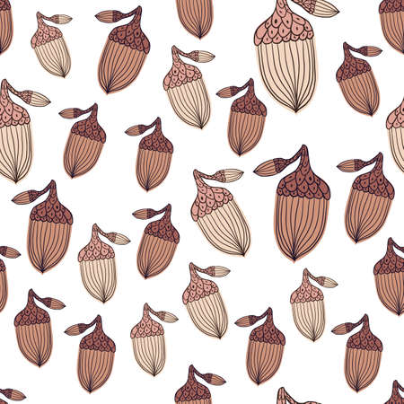 Isolated brown contoured acorn ornament seamless doodle pattern. White background. Forest abstract print. Vector illustration for seasonal textile prints, fabric, banners, backdrops and wallpapers.のイラスト素材