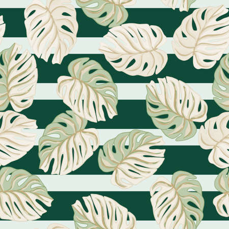 Foliage tropical seamless pattern with random monstera leaf shapes. Blue and green striped background. Stock illustration. Vector design for textile, fabric, giftwrap, wallpapers.のイラスト素材