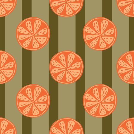 Orange slice seamless pattern in hand drawn style. Green striped background. Summer food backdrop....
