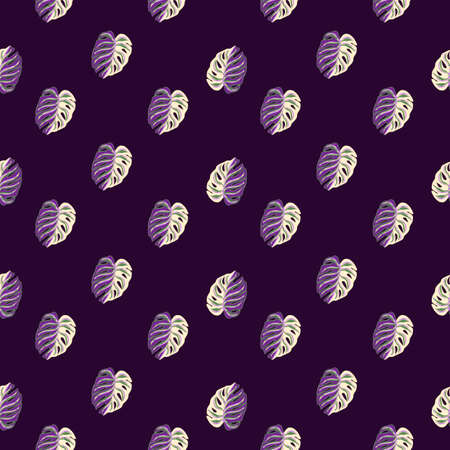 Tropical abstract seamless pattern with purple monstera leaf ornament. Dark background. Little exotic foliage. Stock illustration. Vector design for textile, fabric, giftwrap, wallpapers.のイラスト素材
