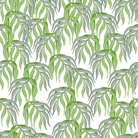 Decorative seamless pattern with random green and blue leaf palm ornament. Isolated foliage backdrop. Vector illustration for seasonal textile prints, fabric, banners, backdrops and wallpapers.のイラスト素材