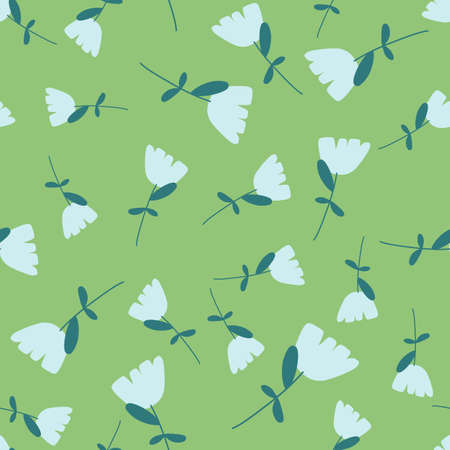 Seamless nature pattern with random blue flower silhouettes. Green background. Pastel spring tones. Vector illustration for seasonal textile prints, fabric, banners, backdrops and wallpapers.のイラスト素材