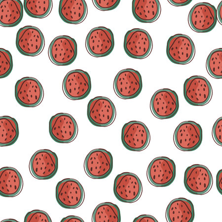 Organic vitamin seamless pattern with random little red abstract watermelon silhouettes. Isolated...