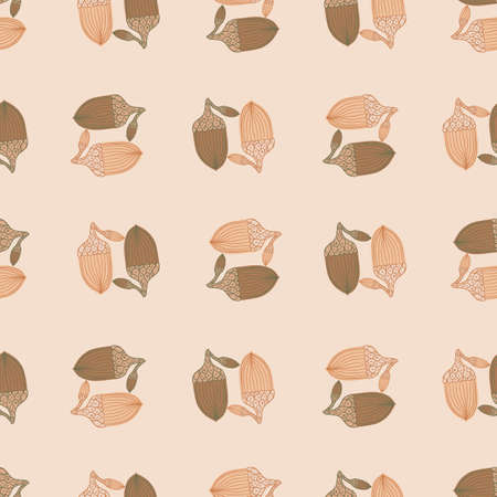 Hand drawn seamless pattern with beige and orange contoured acorn pattern. Pastel colors print. Vector illustration for seasonal textile prints, fabric, banners, backdrops and wallpapers.のイラスト素材