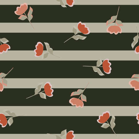 Seamless abstract nature pattern with red simple flower shapes. Black and gray striped background. Flat vector print for textile, fabric, giftwrap, wallpapers. Endless illustration.のイラスト素材