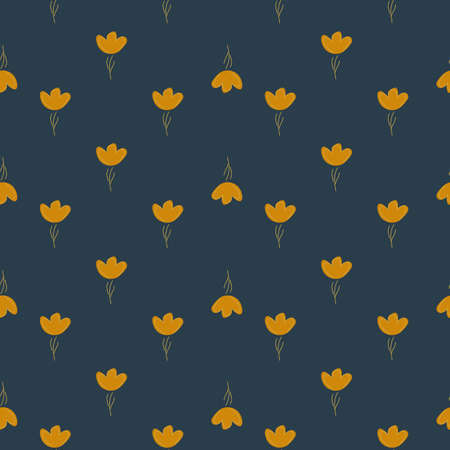 Little orange flowers silhouettes seamless doodle pattern. Navy blue dark background. Small floral backdrop. Vector illustration for seasonal textile prints, fabric, banners, backdrops and wallpapers.のイラスト素材