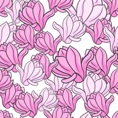 Hand drawn seamless doodle pattern with abstract random pink outline magnolia flowers print. Vector illustration for seasonal textile prints, fabric, banners, backdrops and wallpapers.のイラスト素材