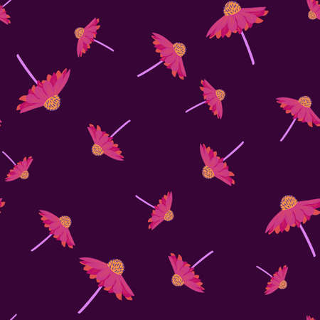 Random pink gerbera flowers shapes seamless pattern. Dark purple background. Simple style. Vector illustration for seasonal textile prints, fabric, banners, backdrops and wallpapers.のイラスト素材