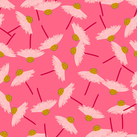 Hand drawn seamless pattern with random gebera flowers ornament. Bright pink background. Vector illustration for seasonal textile prints, fabric, banners, backdrops and wallpapers.のイラスト素材