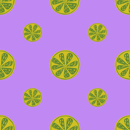 Tasty seamless pattern with green lime slices elements print. Purple pastel background. Vitamin citrus ornament. Stock illustration. Vector design for textile, fabric, giftwrap, wallpapers.のイラスト素材
