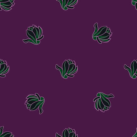 Green outline magnolia flowers shapes seamless doodle pattern. Purple background. Nature print. Vector illustration for seasonal textile prints, fabric, banners, backdrops and wallpapers.のイラスト素材