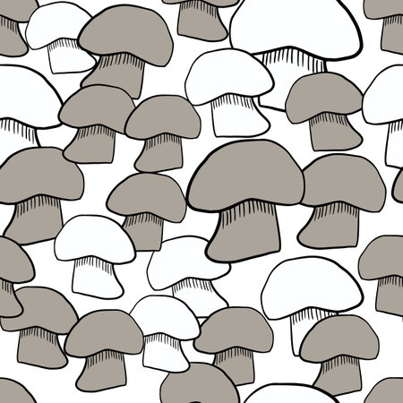 Nature seamless pattern with gray and white outline mushroom ornament. Isolated backdrop. Vector illustration for seasonal textile prints, fabric, banners, backdrops and wallpapers.のイラスト素材