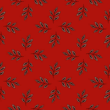 Seasonal seamless pattern with doodle leaf branches ornament. Red background. Herbal simple print. Flat vector print for textile, fabric, giftwrap, wallpapers. Endless illustration.のイラスト素材
