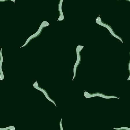 Decorative seamless pattern with random blue snakes ornament. Dark green background. Stock illustration. Vector design for textile, fabric, giftwrap, wallpapers.のイラスト素材
