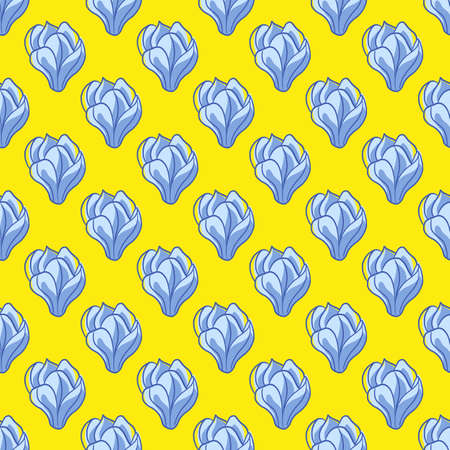 Bloom seamless pattern with blue magnolia flowers shapes print. Yellow bright background. Seasonal print. Flat vector print for textile, fabric, giftwrap, wallpapers. Endless illustration.のイラスト素材