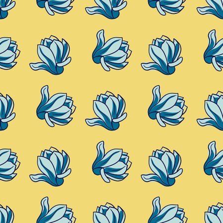 Blue colored magnolia flowers shapes seamless pattern in doodle style. Light yellow background. Vector illustration for seasonal textile prints, fabric, banners, backdrops and wallpapers.のイラスト素材