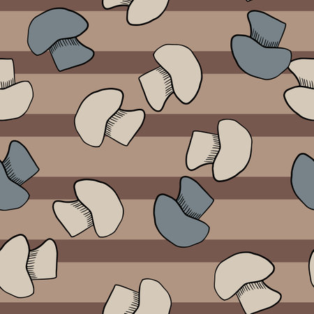 Random seamless pattern with gray and blue outline champignon print. Brown striped background. Vector illustration for seasonal textile prints, fabric, banners, backdrops and wallpapers.のイラスト素材