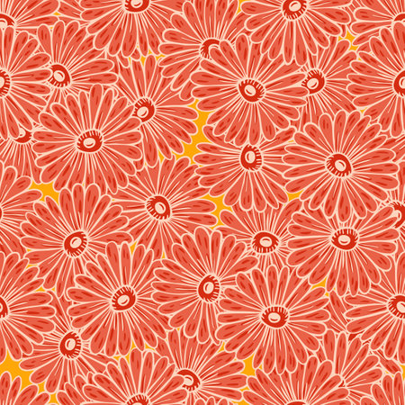Abstract nature seamless pattern with contoured red sunflower botanic print. Orange background. Vector illustration for seasonal textile prints, fabric, banners, backdrops and wallpapers.のイラスト素材