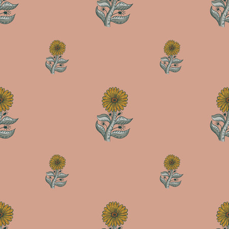 Natural seamless pattern in pale tones with sunflower branches print. Pastel pink background. Vector illustration for seasonal textile prints, fabric, banners, backdrops and wallpapers.のイラスト素材