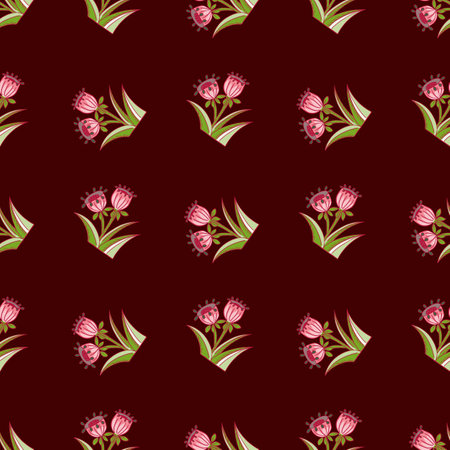 Pink and green colored bell flowers shapes seamless doodle pattern. Dark maroon background. Nature backdrop. Graphic design for wrapping paper and fabric textures. Vector Illustration.のイラスト素材