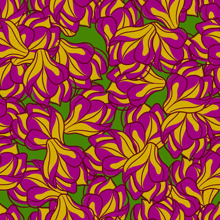 Bloom seamless pattern with yellow and purple colored magnolia flowers print. Green background. Flat vector print for textile, fabric, giftwrap, wallpapers. Endless illustration.のイラスト素材