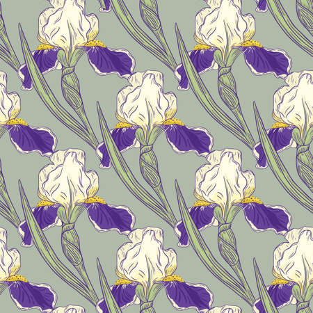 Decorative iris flowers silhouettes seamless floral pattern. Pale blue background. Botanic backdrop. Vector illustration for seasonal textile prints, fabric, banners, backdrops and wallpapers.のイラスト素材