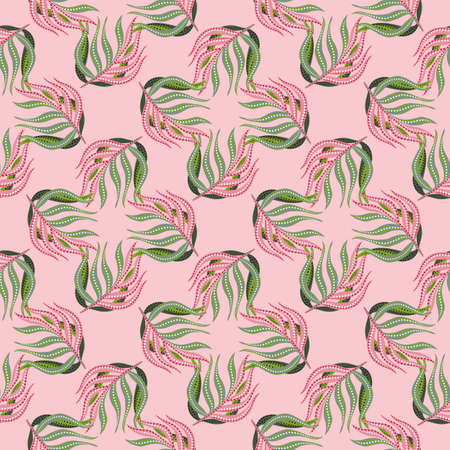 Geometric style botany tropic seamless pattern with palm leaf elements. Pink background. Doodle style. Vector illustration for seasonal textile prints, fabric, banners, backdrops and wallpapers.のイラスト素材