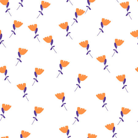Blossom seamless pattern with orange random little flowers elements print. White background. Vintage style. Vector illustration for seasonal textile prints, fabric, banners, backdrops and wallpapers.のイラスト素材