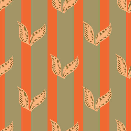 Hand drawn seamless pattern with simple falling leaf elements print. Orange striped background. Stock illustration. Vector design for textile, fabric, giftwrap, wallpapers.のイラスト素材