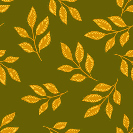 Herbal seamless autumn pattern with simple random leaf elements. Green olive background. Botanic style. Flat vector print for textile, fabric, giftwrap, wallpapers. Endless illustration.のイラスト素材