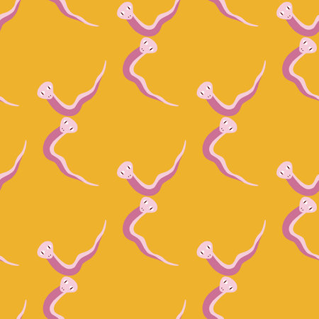 Geometric style animal seamless pattern with lilac colored snakes print. Orange bright background. Stock illustration. Vector design for textile, fabric, giftwrap, wallpapers.のイラスト素材