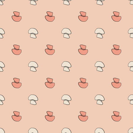 Nature seamless pattern with champignon ornament. Pink pastel background. Outline doodle print. Vector illustration for seasonal textile prints, fabric, banners, backdrops and wallpapers.のイラスト素材