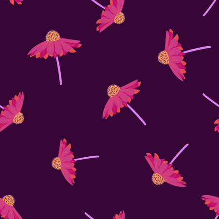 Random pink gerbera flowers seamless doodle pattern. Dark purple background. Brught print. Vector illustration for seasonal textile prints, fabric, banners, backdrops and wallpapers.のイラスト素材