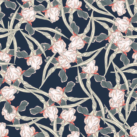 Random vintage style seamless pattern with simple iris flowers silhouettes. Navy blue background. Vector illustration for seasonal textile prints, fabric, banners, backdrops and wallpapers.のイラスト素材