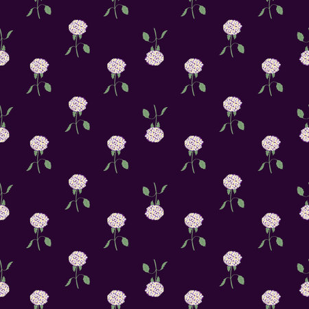 Little white hydrangea flower silgouettes seamless nature pattern. Dark purple background. Vector illustration for seasonal textile prints, fabric, banners, backdrops and wallpapers.のイラスト素材