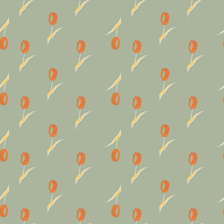 Pale tones seamless pattern with orange random little tulip flowers ornament. Pastel blue-gray background. Graphic design for wrapping paper and fabric textures. Vector Illustration.のイラスト素材