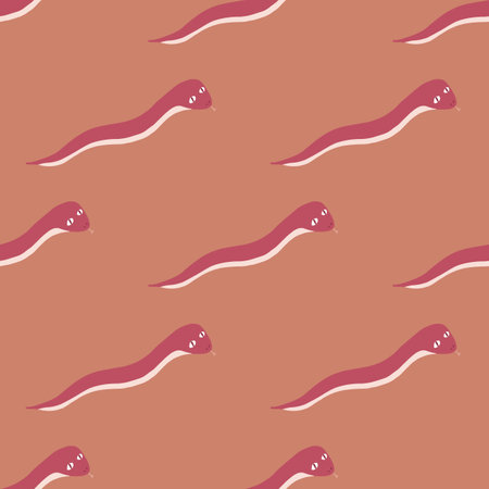 Animal seamless pattern with bright pink worms silhouettes. Pale orange background. Natural life artwork. Stock illustration. Vector design for textile, fabric, gift wrap, wallpapers.のイラスト素材