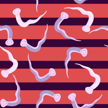 Abstract seamless pattern with funny white and blue snakes print. Pink striped background. Nature backdrop. Stock illustration. Vector design for textile, fabric, gift wrap, wallpapers.のイラスト素材
