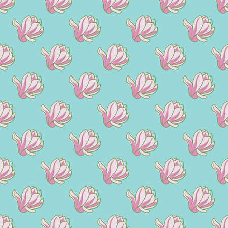 Outline pink magnolia flower seamless pattern in hand drawn style. Blue bright background. Vector illustration for seasonal textile prints, fabric, banners, backdrops and wallpapers.のイラスト素材