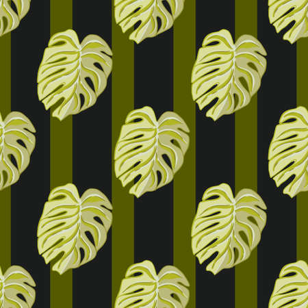 Abstract botanic seamless pattern with green monstera leaves shapes. Striped background. Foliage print. Stock illustration. Vector design for textile, fabric, giftwrap, wallpapers.のイラスト素材