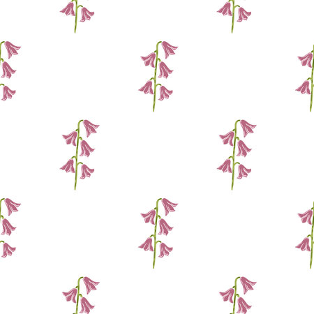 Isolated seamless pattern with minimalistic bell flowers pink ornament. White background. Simple floral backdrop. Flat vector print for textile, fabric, giftwrap, wallpapers. Endless illustration.のイラスト素材