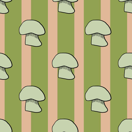 Green outline champignon silhouettes seamless pattern. Green and pink striped background. Vector illustration for seasonal textile prints, fabric, banners, backdrops and wallpapers.のイラスト素材