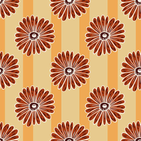 Maroon contoured sunflower shapes seamless nature pattern. Pastel orange striped background. Vector illustration for seasonal textile prints, fabric, banners, backdrops and wallpapers.のイラスト素材