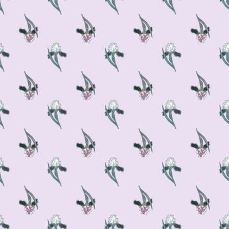 Pastel tones seamless pattern with little iris flower ornament. Light background. Botanic backdrop. Vector illustration for seasonal textile prints, fabric, banners, backdrops and wallpapers.のイラスト素材