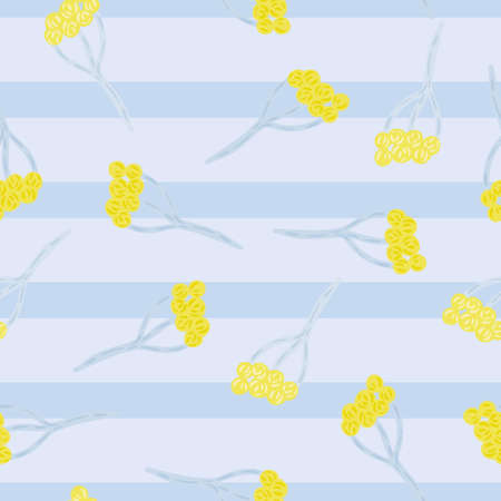 Yellow random yarrow silhouettes seamless pattern in simple style. Botany print with blue striped background. Graphic design for wrapping paper and fabric textures. Vector Illustration.のイラスト素材