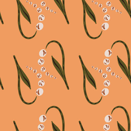 Seamless floral pattern with white abstract lily of the valley ornament. Orange background. Doodle print. Stock illustration. Vector design for textile, fabric, giftwrap, wallpapers.のイラスト素材