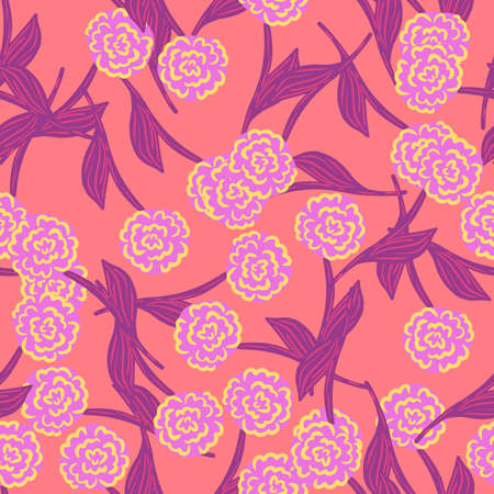 Abstract random seamless pattern with doodle roses flowers ornament. Pink background. Stock illustration. Vector design for textile, fabric, giftwrap, wallpapers.のイラスト素材