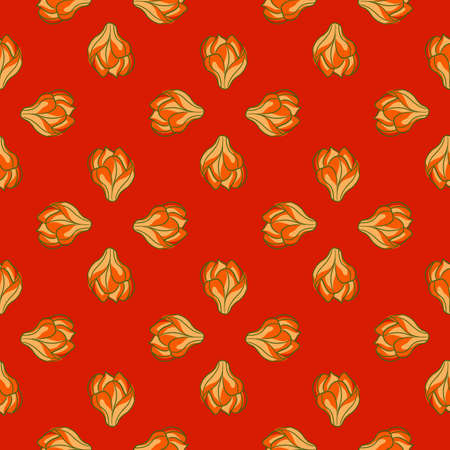 Geometric style blossom seamless pattern with orange magnolia flowers print. Red background. Flat vector print for textile, fabric, giftwrap, wallpapers. Endless illustration.のイラスト素材