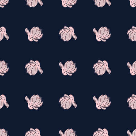 Simple style dark seamless nature pattern with light lilac magnolia flowers shapes. Navy blue background. Vector illustration for seasonal textile prints, fabric, banners, backdrops and wallpapers.のイラスト素材