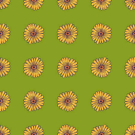 Blossom seamless pattern with contoured sunflower yellow shapes. Green background. Floral ornament. Vector illustration for seasonal textile prints, fabric, banners, backdrops and wallpapers.のイラスト素材
